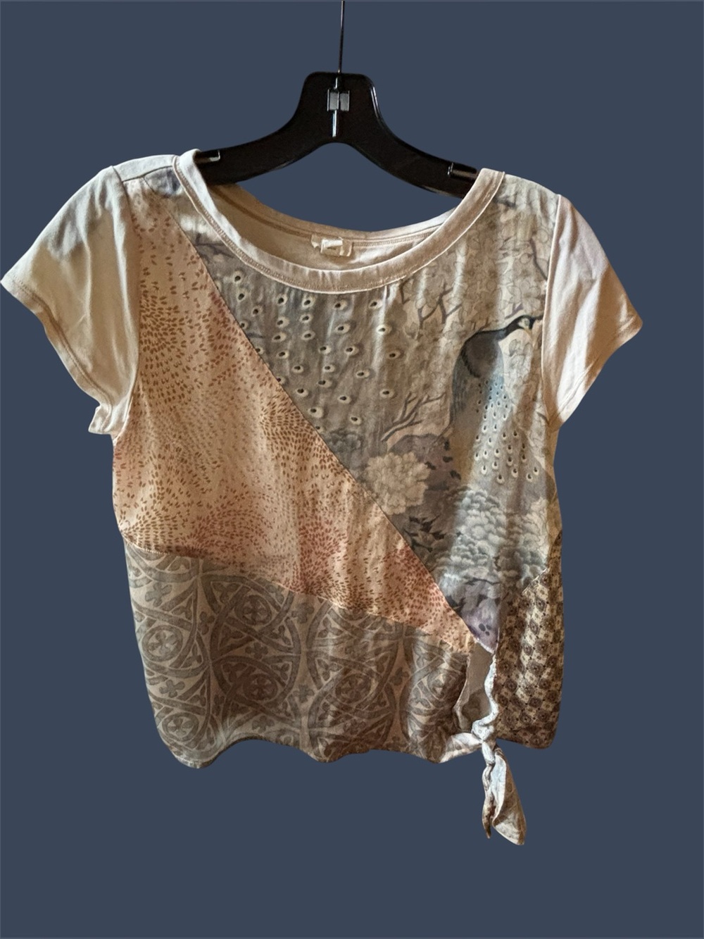 Tiny Brand Neutral Patchwork Tie-Hem Women’s Tee - Cream & Gray